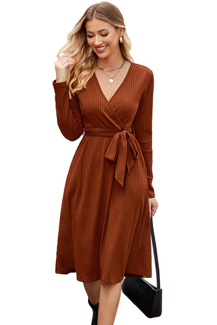 Newshows Women's 2023 Fall Sweater Dress Long Sleeve Trendy V Neck Casual Winter Wedding Guest Tie Waist Ribbed Knit Belt Midi Dress with Pockets(Caramel, XL)