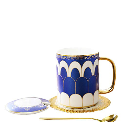 ALODZ 12 OZ Novelty Court Style White Jade Porcelain Ceramic Mug with Lid and Spoon Gift Box for Coffee Tea Milk Water Wine Vodka, Blue