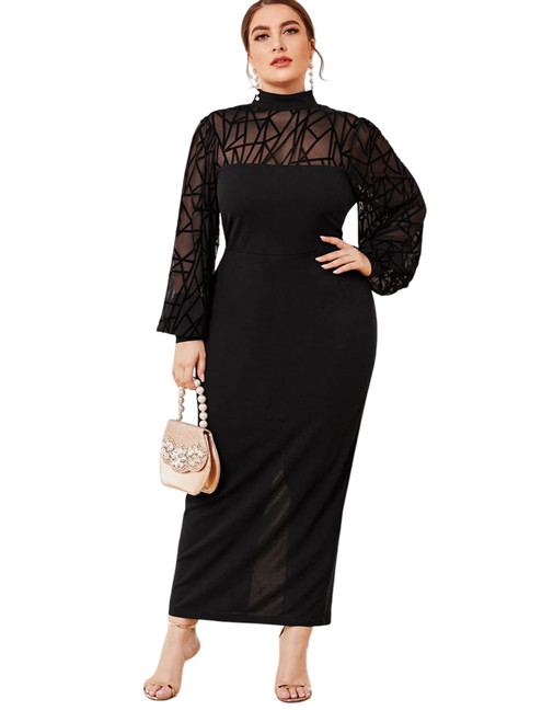 WDIRARA Women's Plus Size Mesh Bishop Long Sleeve Mock Neck Split Back Maxi Dress Black 4XL