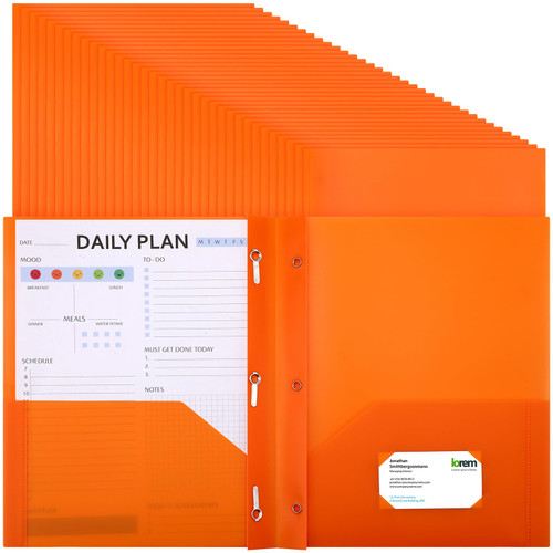 Patelai 48 Packs Plastic Folders with Pockets 2 Heavy Duty Pocket Folders with 3 Prongs and Fasteners for School Office (Orange)