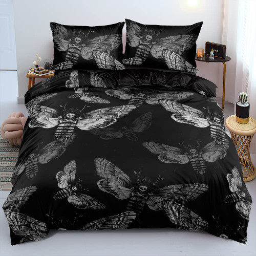 Holiyjog Death Skull Duvet Cover Set Full Size Gothic Bedding Set Skull Moth Comforter Cover Teens Skeleton Bones Black Bed Set