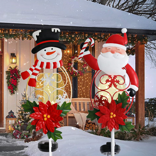 Solar Christmas Lights Outdoor Waterproof - 2 Packs Santa and Snowman Christmas Decorations Metal Garden Yard Stakes with LED Lights Xmas Outdoor for Garden Lawn Pathway