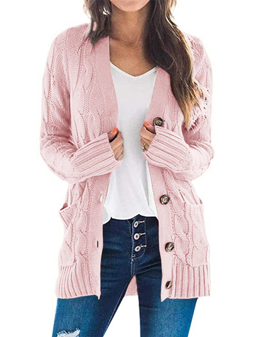 PRETTYGARDEN Women's Open Front Cardigan Sweaters Fashion Button Down Cable Knit Chunky Outwear Coats (Dusty Pink,Large)