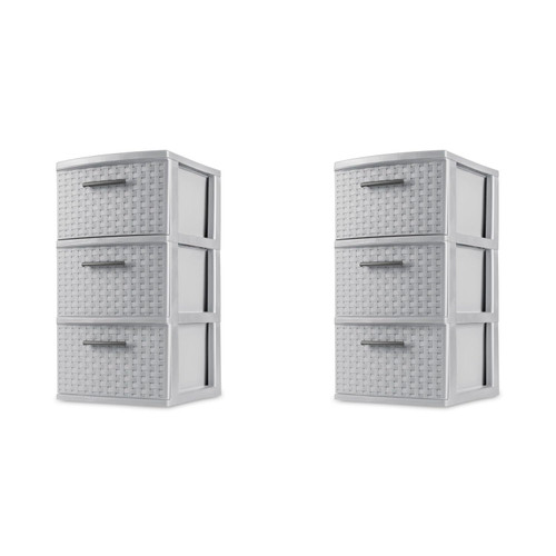 Sterilite 3 Drawer Weave Storage Tower, Plastic Decorative Drawers to Organize Clothes in Bedroom, Closet, Gray with Gray Drawers, 2-Pack
