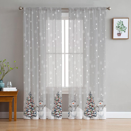 Grey Snowman Christmas Sheer Curtains 84 Inches Length 2 Panels Set, Xmas Tree Bedroom Curtain Drapes, Winter Snowflake Semi Curtain Sheers for Living Room/Cafe, Rod Pocket Voile Window Treatment