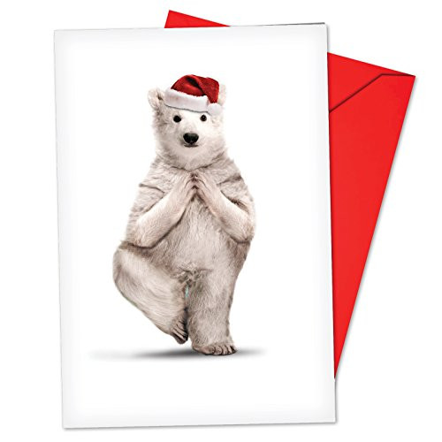 Box Set of 12 Zoo Yoga Christmas Note Card Featuring a Flexible Polar Bear Practicing a Yoga Pose While Wearing a Christmas Hat; with Envelopes B6547JXSG