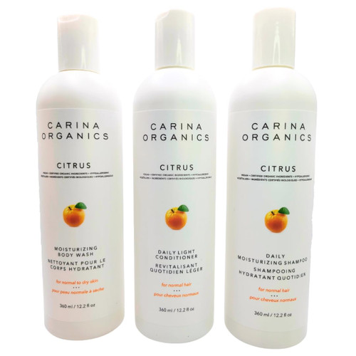 Carina Organics Citrus Bundle, All Natural Daily Light Conditioner, Daily Moisturizing Shampoo, Moisturizing Body Wash, Sulfate-Free, Paraben Free, Vegan, 360ml (3 in a pack)