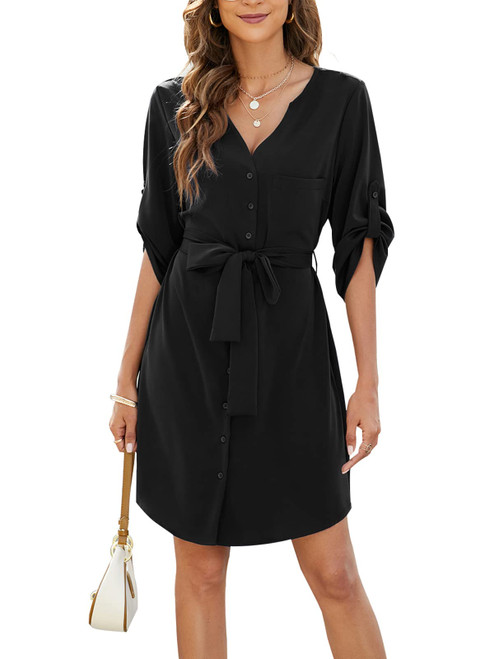 BMJL Womens Button Down Dress Summer V Neck 3/4 Sleeve Tie Waist Business Casual Work Mini Shirt Dresses (M, Black)