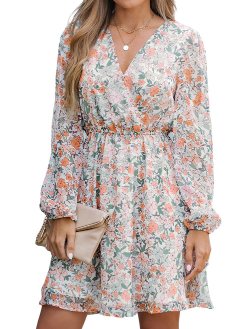 CUPSHE Women's V Neck Long Sleeve Floral Print Mini Dress Casual A Line Summer Short Dress CUPSHE Women's V Neck Long Sleeve Floral Print Mini Dress Casual A Line Summer Short Dress