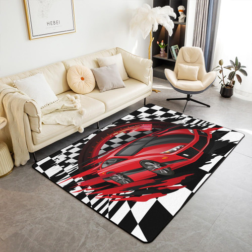 Red Sports Car Area Rug 3x5 for Bedroom Living Room Bedside, Race Car Washable Rug, Extreme Speed Race Car Carpet, Black White Grids Car Theme Indoor Floor Mat, Non Slip & Non Shedding