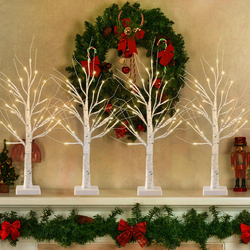 4-Pack 2FT Lighted Birch Tree for Home Decor with Timer, Birch Christmas Tree with 48 LED Warm White Lights, Battery Operated Artificial Tree Light for Indoor Bedroom Wedding Holiday Decorations