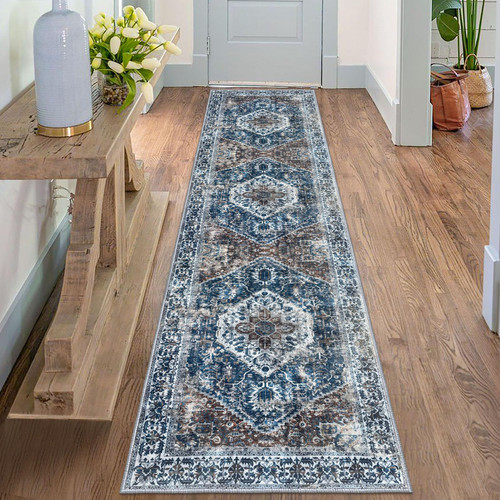 KOZYFLY Runners for Hallways 2x8 Ft Boho Washable Carpet Runner Non-Slip Kitchen Rugs Vintage Medallion Bedside Rugs Indoor Rug for Bedroom Kitchen Hallway Entryway (Blue, 2'x8')