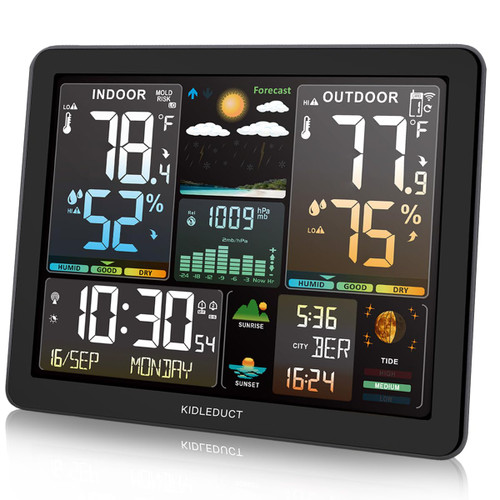Weather Station Wireless Indoor Outdoor Thermometer, KIDLEDUCT 8.5" Large Color Atomic Clock with Sunrise Sunset Time, 5 Levels of Backlight, Weather Forecast/Barometer Run Chart, Moon Phase and Tide