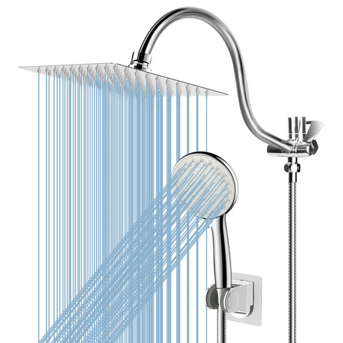 Taiker Shower Head, 8 Inch High Pressure Rainfall Shower Head/Handheld Showerhead Combo with 11.5 Inch Adjustable Curved Arm, Anti-leak Shower Head with Holder/Hose, Flow Regulator, Chrome (Silver)