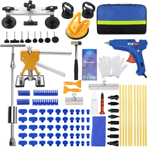 ROADGIVE 97PCS Auto Body Dent Repair Tool Kit, Paintless Dent Repair Kit with Golden Lifter, Slide Hammer T-bar Dent Puller, Bridge Puller, Suction Cup and Glue Gun for Car Dent Remove Tools Kit