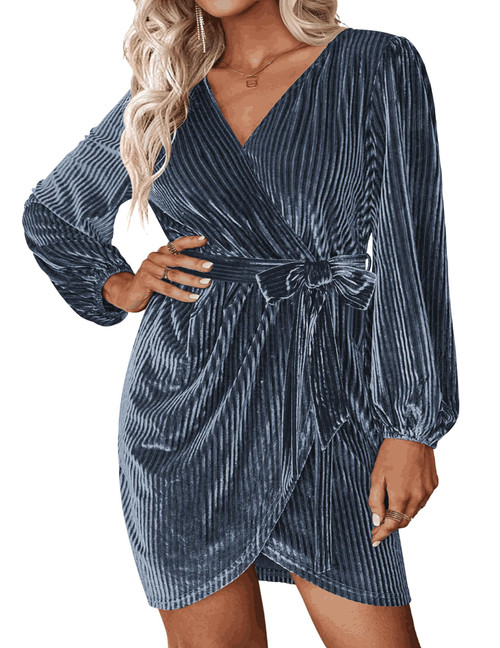 IN'VOLAND Womens Long Sleeve Wrap Semi Formal Velvet Mini Dress Sexy V Neck Cocktail Party Midi Dress Blue Grey 16W IN'VOLAND Womens Long Sleeve Wrap Semi Formal Velvet Mini Dress Sexy V Neck Cocktail Party Midi Dress Blue Grey 16W