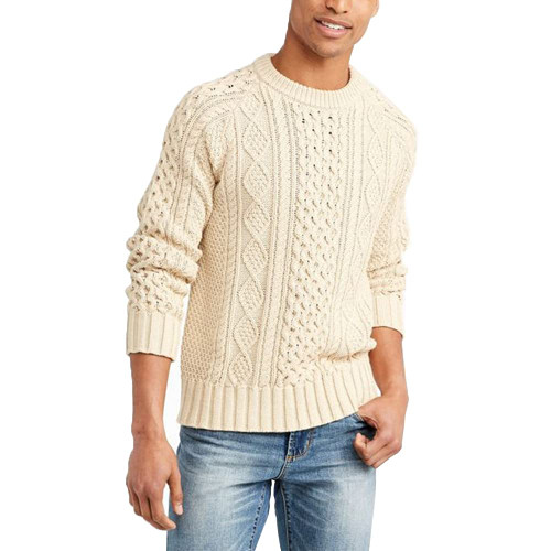 Men's Long Sleeve Cable Knit Pullover Sweater Fisherman Twist Patterned Crewneck Sweater Beige