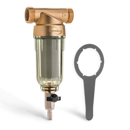 iSpring WSP-500 Reusable Whole House Spin Down Sediment Water Filter, 500 Micron Flushable Prefilter Filtration, 20GPM, 1" MNPT + 3/4" FNPT, Brass