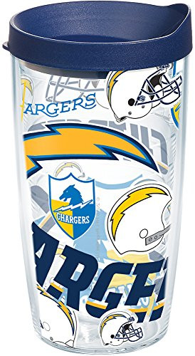 Tervis 1248205 NFL Los Angeles Chargers All Over Tumbler with Wrap and Navy Lid 16oz, Clear