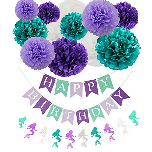Purple Teal Mermaid Party Supplies Mermaid Teal Purple Tissue Pom poms Glitter Paper Garland Teal Purple Happy Birthday Banner Mermaid Birthday Decorations Mermaid Under the Sea