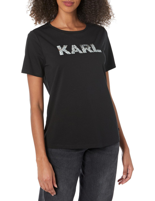 Karl Lagerfeld Paris Women's Sparkle Short Sleeve Logo Tee, Black/Silver