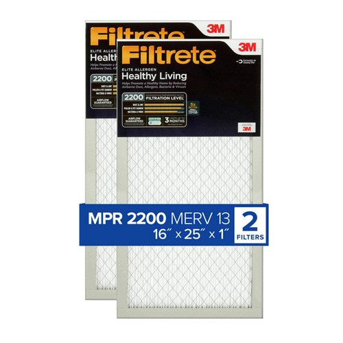 Filtrete 16x25x1 Air Filter, MPR 2200, MERV 13, Healthy Living Elite Allergen 3-Month Pleated 1-Inch Air Filters, 2 Filters