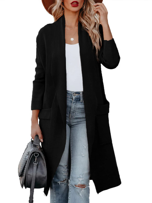 Uusollecy Women Long Sleeve Open Front Knit Cardigans Casual Loose Oversized Cardigan Sweater Solid Color Knitted Coat with Pockets Black Medium