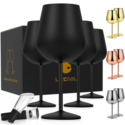 LiqCool Stainless Steel Wine Glass, Unbreakable Metal Wine Glasses Set of 4, Portable Stainless Wine Glasses for Party Outdoor Pool Christams, 21 Oz Large Wine Glass with Stem(Black)