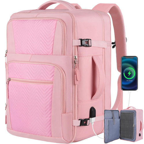 Large Travel Backpack, Airline Approved 40L Carry On Backpack for Women,Waterproof Hiking Backpack Bag with USB Charging Port Fits 17 Inch Laptop, College Business Backpack Casual Daypack,Pink