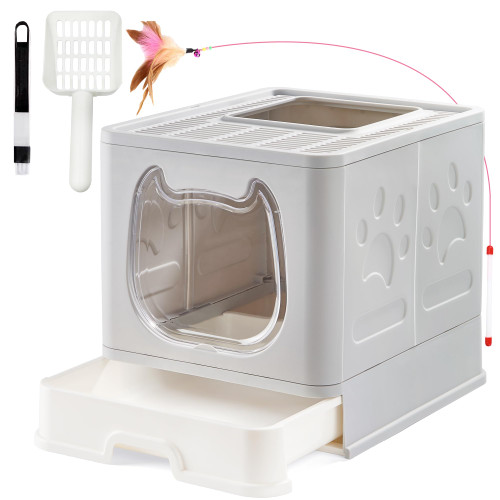 Foldable Cat Litter Box, Front Entry Top Exit Kitty Litter Box with Lid for Cats, Cat Potty with Cat Litter Scoop and 2-1 Cleaning Brush, Drawer Type Kitten Litter Box Easy to Clean (Grey)