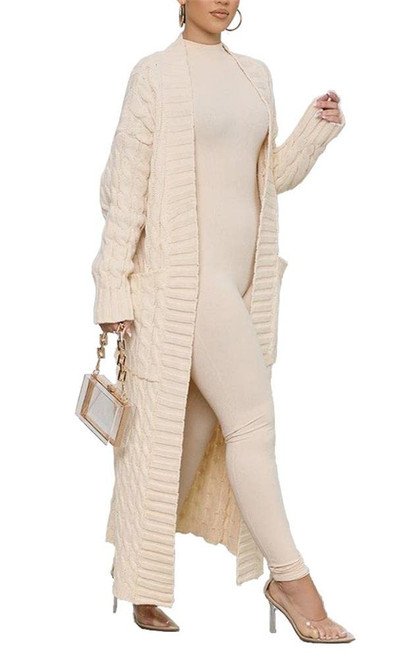 Womens Long Cardigan Sweaters Open Front Long Sleeve Plus Size Chunky Cable Knit Duster Cardigans with Pockets Winter Coat Beige