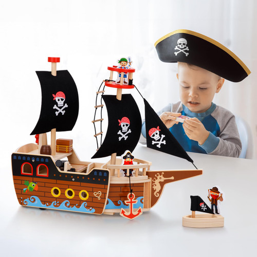 OOOK Pirate Ship Toys for Kids 3-5, Equipped with Wooden Pirate Ship Toy, Rescue Ship, Cannons, Wooden Ladders, Engaging Pirate Adventure with Child, Figures Play Set Gift for Boys and Girls