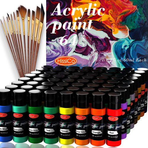 Acrylic Paint Set of 64 Colors 2fl oz 60ml Bottles with 12 Brushes,Non Toxic 64 Colors Acrylic Paint No Fading Rich Pigment for Kids Adults Artists Canvas Crafts Wood Painting