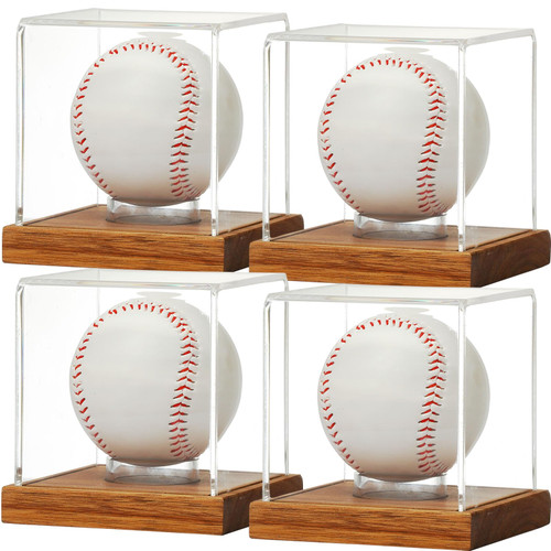 JupDec Baseball Display Case 4 Pack, Clear Cube Baseball Holder with Wooden Base, Autograph Baseball Stand Box for Single Ball, Brown