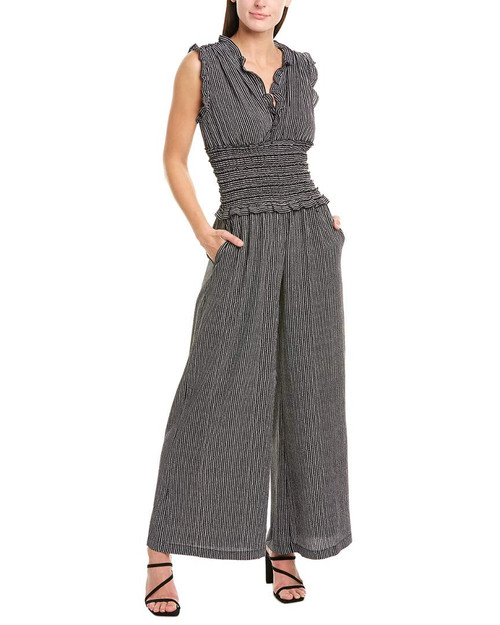 Max Studio womens V-neck Smocked Waist Jumpsuit, Black/Cream Stripe Dash, X-Small US