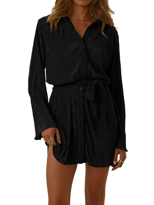 LYANER Women's Collar V Neck Button Down Pleated Long Sleeve Mini Shirt Dress with Belt Black Large