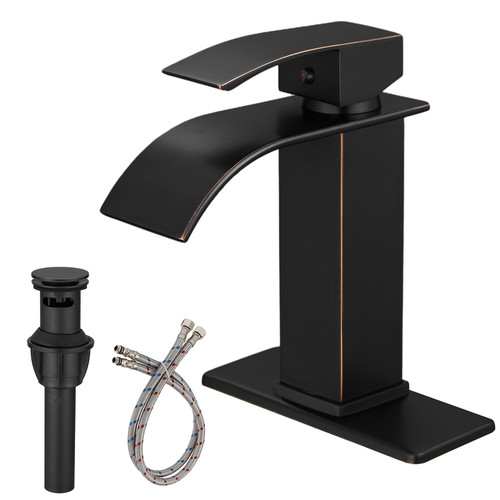 BATHLAVISH Oil Rubbed Bronze Bathroom Faucet, Waterfall Bathroom Faucet, Single Hole Bathroom Faucet, Single Handle Modern Lavatory Vanity with Pop Up Drain Parts Deck Mount Mixer Tap Commercial