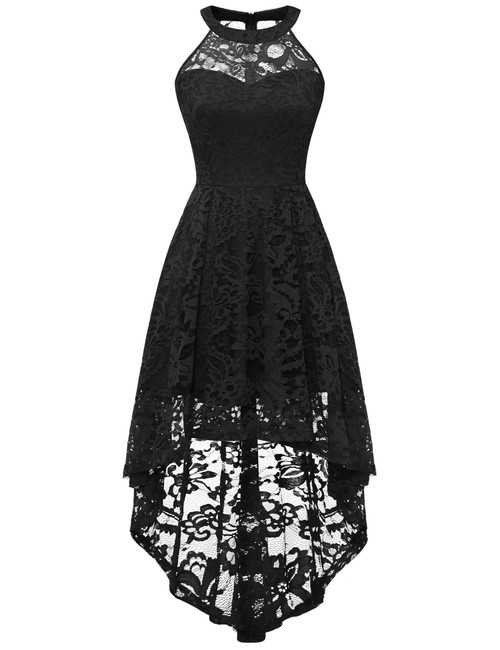 Dressystar Women's Halter Floral Lace Cocktail Dress Hi-Lo Bridesmaid Party Dress with Sheer Neckline 2028 Black L