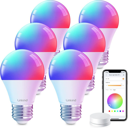 Linkind Smart Light Bulbs with Remote Control, Smart Bulb That Work with Alexa & Google Home, LED Light Bulbs Color Changing 64 Preset Scenes, A19 E26 2.4Ghz WiFi Light Bulbs Dimmable 60W 800lm 6 Pack