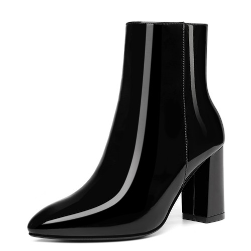 Jiu du GOGO Boots for Women Chunky High Heel Ankle Boot Sexy Pointed Toe Side Zipper Patent Leather GO GO Booties Dress Party Cosplay Short Boots