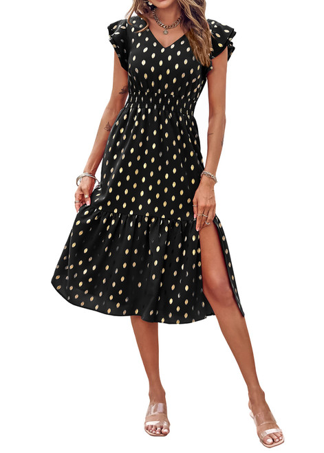 KIRUNDO Women Summer Polka Dot Ruffle Sleeveless V Neck Flowy Midi Dress Elegant Split A Line Beach Party Cocktail Dresses(Dot-Black, Large)