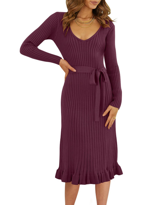 ANRABESS Women's Sweater Dress Casual Long Sleeve V Neck Tie Waist Slim Fit Ribbed Knit Pleated Sexy Bodycon Elegant Formal Party Midi Dresses 2023 Fall Trendy Outfits 1208jiuhong-S Wine Red