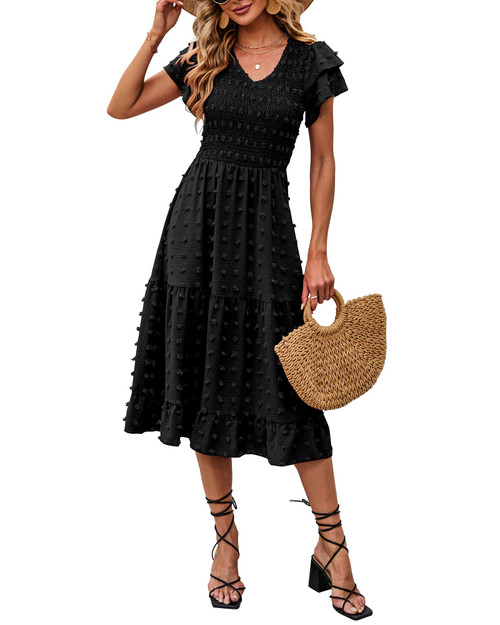 BTFBM Women Casual Summer Short Ruffles Tiered Sleeve Smocked Midi Dresses Bohemian Floral V Neck Wedding Guest Long Dresses?Solid Black,Medium