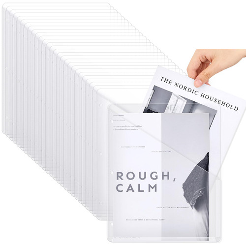 Seajan 100 Pcs Poly Translucent Slash File Jacket Binder Organizer Pockets 3 Hole Punch Binder Folders 3 Ring Binder Plastic Sleeves for Paper Document (Clear)