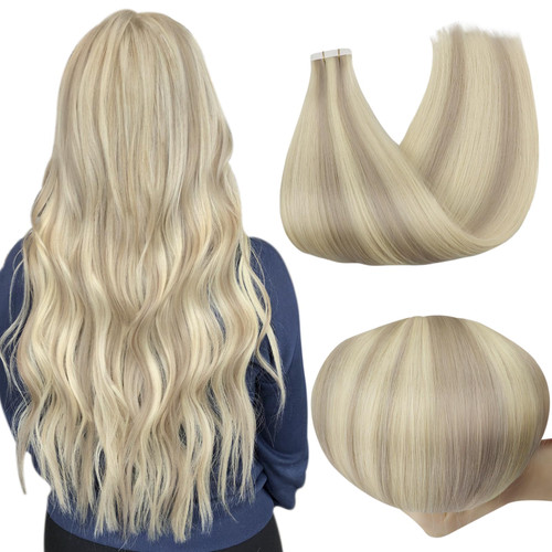 Full Shine Blonde Human Hair Extensions Tape ins Real Hair Extensions Natural Human Hair Invisible Glue in Seamless Hair Extensions Blonde Highlights 20Pcs 50Grams 16Inch
