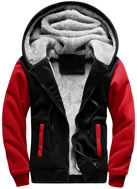 Men's Zip Up Hoodie Heavyweight Winter Sweatshirt Fleece Sherpa Lined Warm Jacket(Black/Red,Large)