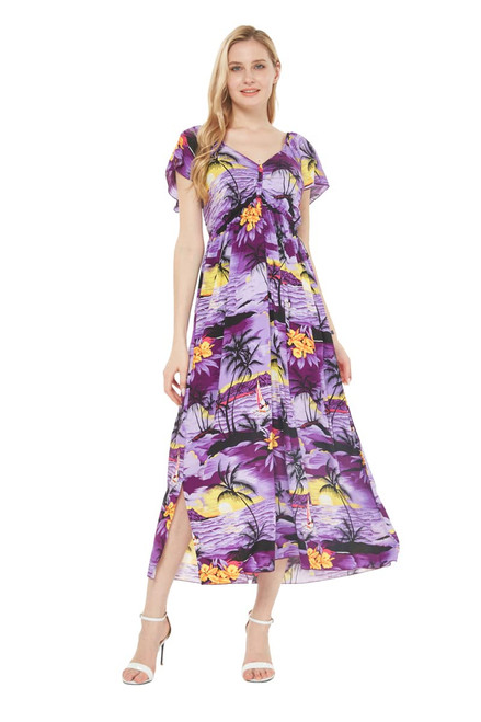 Women's Hawaiian Maxi Ruffle Sleeve Dress Sunset Purple