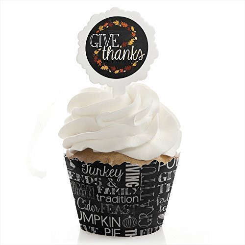Give Thanks - Thanksgiving Party Cupcake Wrapper and Pick - Cupcake Decorating Kit - Set of 24