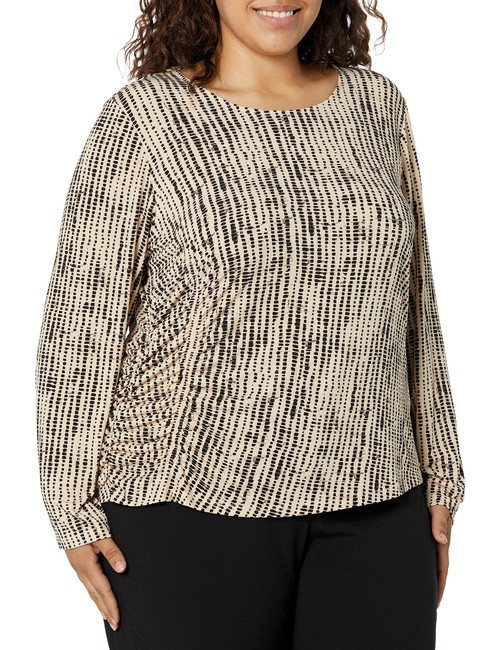 Calvin Klein Women's Plus Size Printed Long Sleeve Knit, Semolina/BLK, 1X