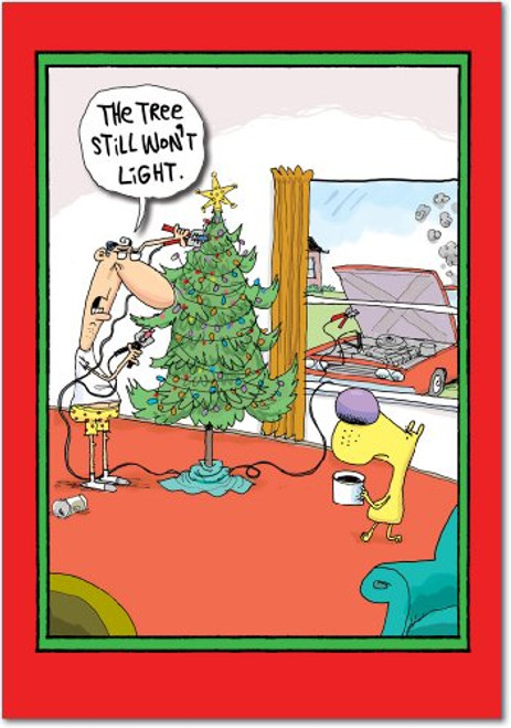 12 Tree Will Not Start Boxed Christmas Cards with Envelopes (4.75 x 6.625 Inch), Funny Christmas Tree Cartoon Holiday Notes, Hilarious Dog and Man Christmas Notes, Silly Christmas Stationery B1879